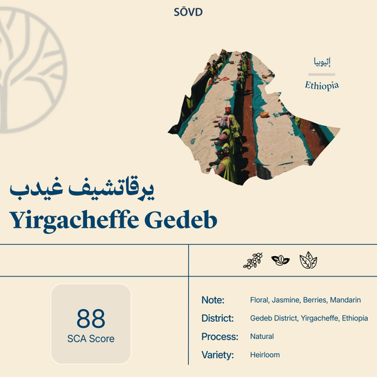 Coffee label for Yirgacheffe Gedeb with SCA score and coffee details on a beige background